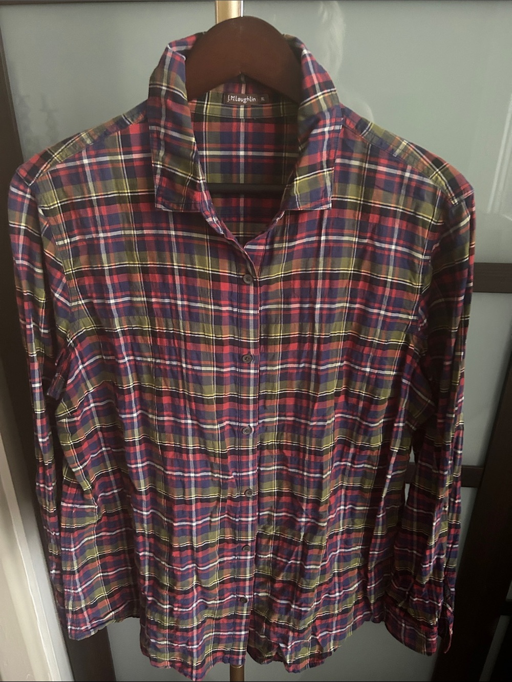 J. McLaughlin Red and Green Multi Colored Plaid Button-Down Lightweight Shirt